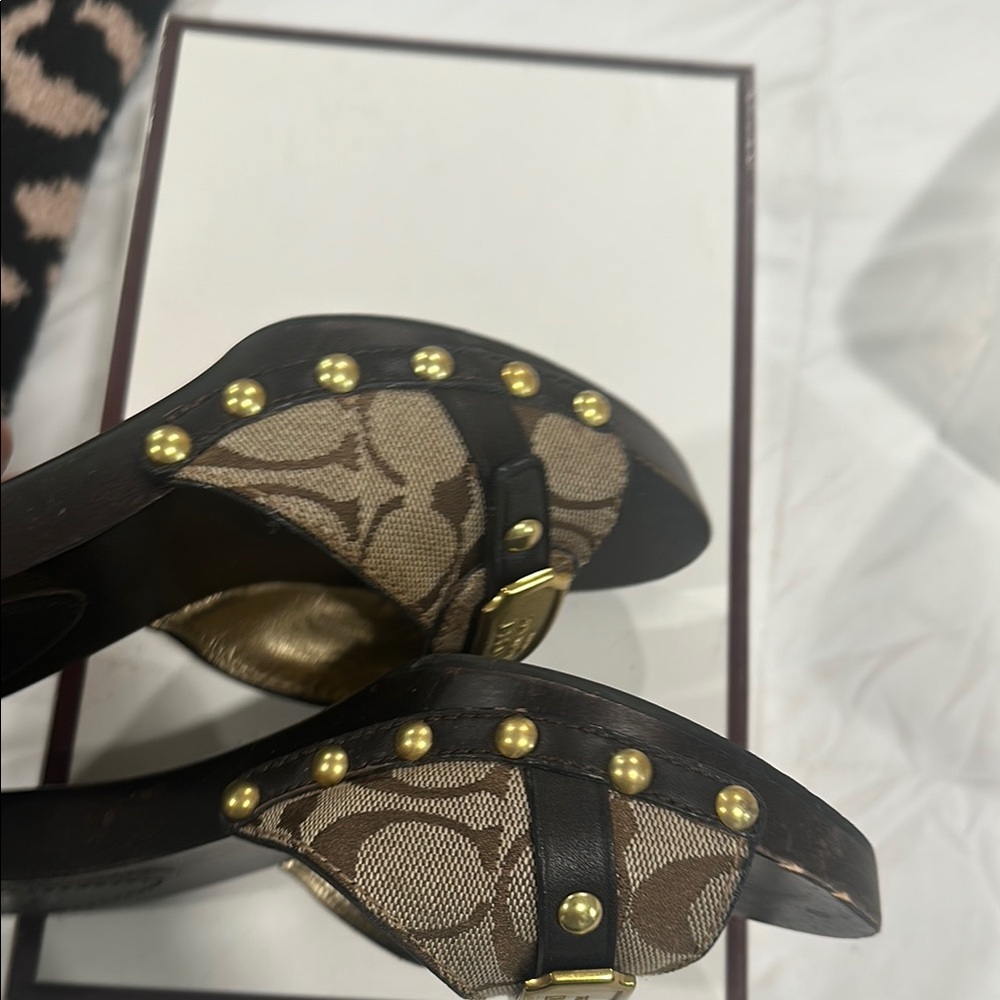 Coach Women's Black and Tan Mules with Gold Accents - Picture 6 of 7